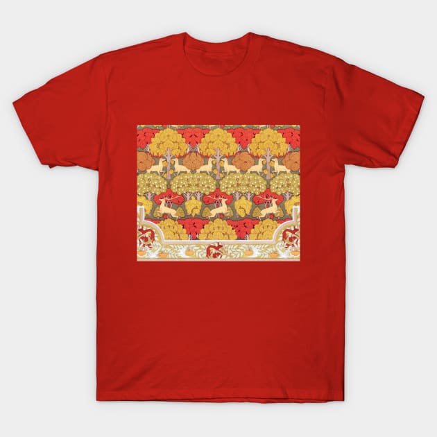 Deer and Trees,Squirrel,Doves and Rowan Red Yellow Art Nouveau Floral T-Shirt by BulganLumini